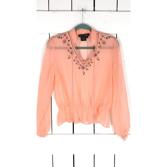 Tess Studio sheer lightweight silk embroidered beaded boho blouse 8 - Picture 2 of 4